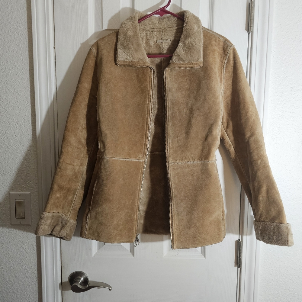 Guess Genuine Leather Suede Tan Zip Up Jacket
